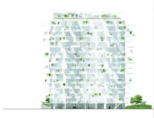 A modern building facade with glass panels and green plants.
