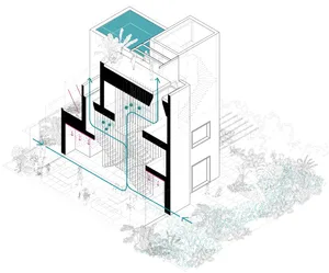 Architectural drawing of a modern interior with a glass roofpool and greenery.