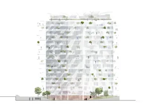 An image depicting a modern residential building with numerous balconies covered in greenery, constructed primarily of glass.