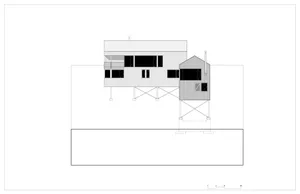 2D architectural drawing of a modern vertical house design featuring steel materials and a flat roof.