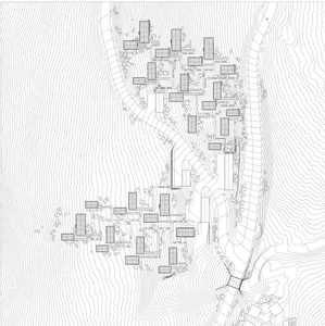 Floor plan of a residential development with buildings and landscaping.