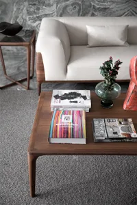 A modern coffee table with a colorful striped centerpiece, a vase with greenery, and several books.