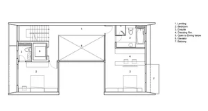 Simplified 2D architectural drawing of a residential floor plan, featuring bedrooms, bathrooms, and an open space.