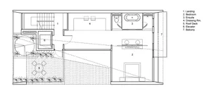 Floor plan of a modern residential interior featuring wooden and metallic elements.