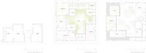 Detailed architectural floor plan of a residential house showing basement, first, and second floors.