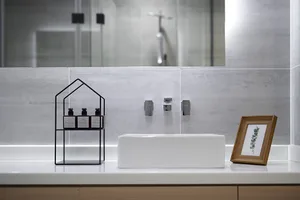 Modern, minimalist bathroom with white sink, concrete tiles, and framed greenery.