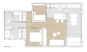 Floor plan of a modern apartment with a wooden floor.