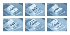 A 3D architectural rendering of a modern building with blue elements.