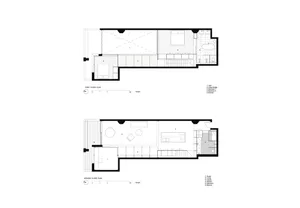 A detailed 2D architectural drawing showing the layout of a modern floor plan in black and white.