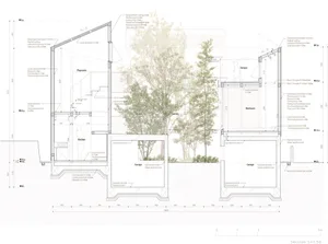 Floor plan of a modern garden house with exposed concrete walls and a galvanized steel roof.