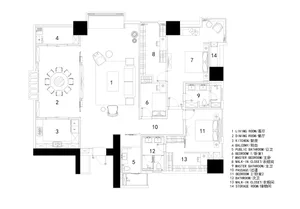 Modern apartment interior layout with living room, dining room, kitchen, bedrooms, bathrooms, and storage room.