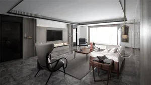 A modern living room featuring concrete and marble materials and a minimalist design.