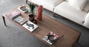 Modern living room featuring wooden furniture, including a low wooden coffee table with books, magazines, and decorative item