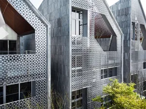Modern building with geometric metal storefront