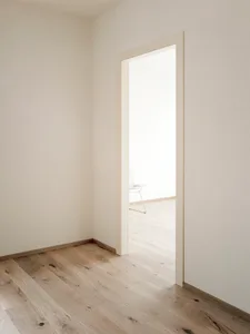 Minimalist interior with a white room, open doorway, and light wood flooring.