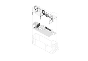 A vertical architectural plan of an interior space with multiple floors.