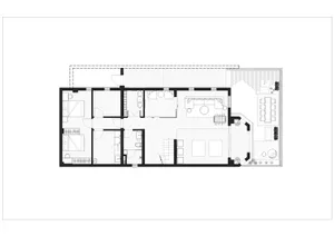 Floor plan blueprint of an apartment layout with three bedrooms, a living room, and an outdoor terrace.