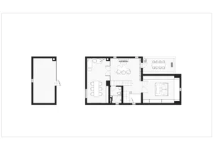 A modern studio apartment featuring wooden flooring, a living room area, a kitchenette, and a bathroom.