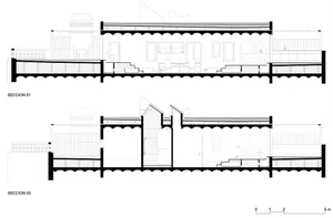 Industrial-style rooftop boardwalk with metal roof and railings