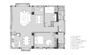 A detailed 2D architectural drawing of a modern residential apartment layout.