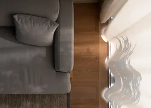 Gray sofa with a single cushion and a window with sheer curtains letting in sunlight, viewed from above.