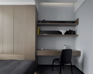 Minimalist home office space with wooden shelves and black furniture.