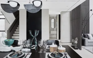 Modern interior design of a dining room with minimalist decor, dark wood table, white and black marble wall, and contemporary