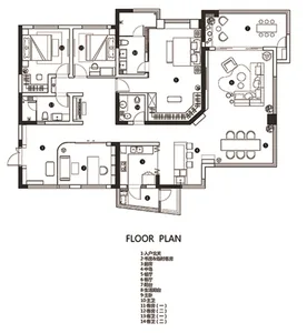 A technical floor plan of a modern home interior, showcasing contemporary design and efficient space utilization.