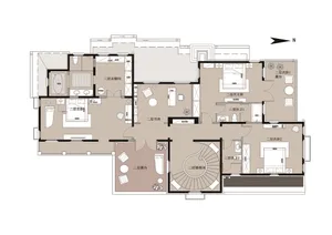 Modern interior design floor plan with grey walls and furniture.