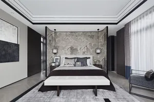 A clean, contemporary bedroom with a minimalist design.