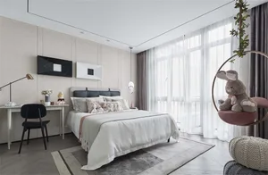 A modern minimalist bedroom featuring a large bed with white bedding and a black headboard, surrounded by white walls and lar