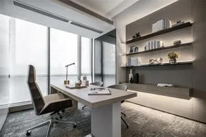 A modern office space featuring wooden and glass elements.