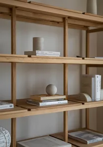 A minimalist shelf with wooden books and decorative objects on a wooden wall.