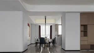 Modern dining room with glass table, wooden chairs, and marble accents