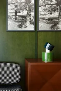 A modern interior design featuring a wooden cabinet and a black and white photograph on a green wall.