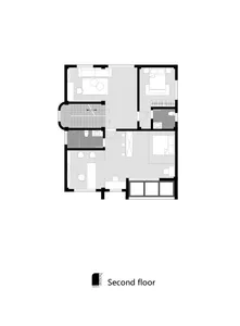 Modern residential floor plan showing a second-level layout with living areas, bedrooms, and bathrooms.