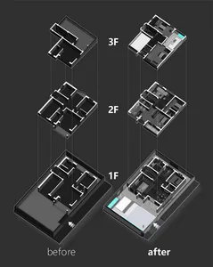 Comparison of a 3-level architectural floor plan before and after redesign, showcasing layout and structural changes.