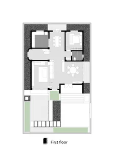 First floor architectural plan of a modern residential house with living room, dining area, bedrooms, and outdoor terrace.