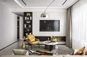Modern minimalist living room with marble and glass accents, featuring a yellow armchair, round coffee table, and a large win