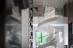 A modern interior design featuring a glass spiral staircase with marble accents.