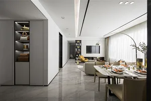 Modern living and dining room featuring marble flooring, glass and metal furniture, and a large window.