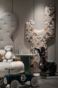 A playful interior design of a children's playroom featuring various toys and furniture.