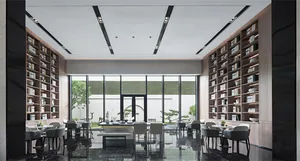 A modern coffee shop featuring dark wood accents.