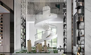 Modern luxury living room featuring glass stairs and marble walls