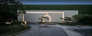 A modern minimalist landscape featuring concrete pathways, stone structures, and greenery.