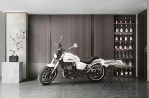 A minimalist motorcycle display featuring a polished marble floor.