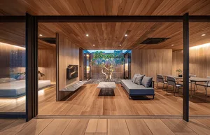 A modern living room with wooden flooring, walls, and ceiling, featuring a central tree and contemporary furniture.