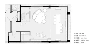 2D architectural drawing of an industrial-style interior design plan with specific functional zones labeled.