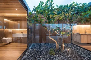Modern interior design with wood paneling and floor plan layout.