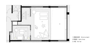 Floor plan of a modern living space with entertainment, audio area, and hollow space.